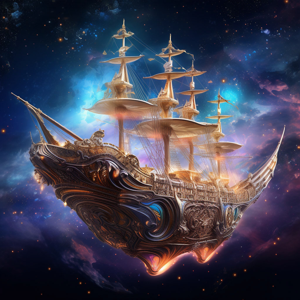 vizualize a majestic spaceship design like a sailing ship. setting its course through the cosmos. the sails are grand and billowing, catching cosmic winds, backdrop of stars, planets and colorful nebulae. the athmosphere should be one of adventure and wonder, encapsulating the sprit of exploration and the majesty of space travel Job