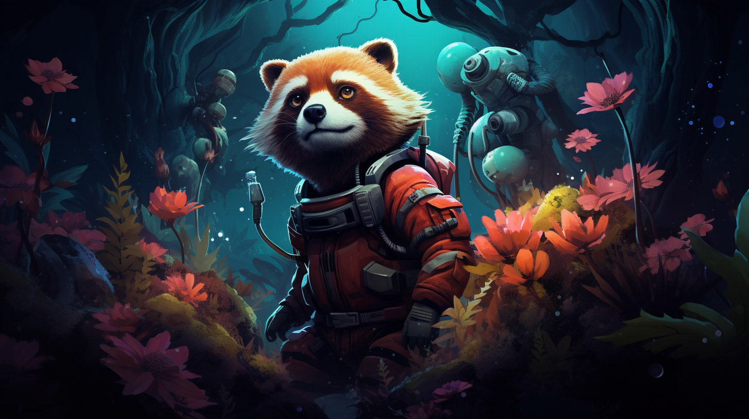 A red panda astronaut discovering a hidden garden on a distant planet. The scene merges sci-fi with fantasy, featuring exotic alien plants and bioluminescent flowers, under a sky of twin moons. Created Using: detailed space suit, exotic alien flora, bioluminescent lighting, twin moons in the sky, sense of wonder and discovery, colorful and vibrant alien landscape, detailed texture of alien garden, serene yet mysterious atmosphere --ar 16:9 --v 6 Midjourney