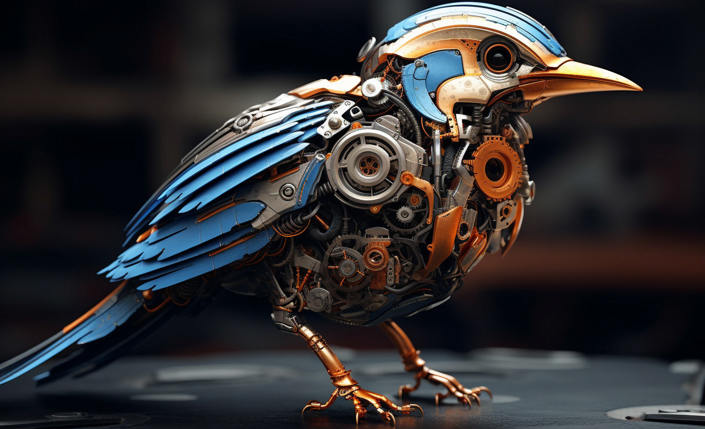 a blue and orange bird with gears on its head, in the style of hyper-realistic sci-fi, vray tracing, photo-realistic techniques, detailed and intricate compositions, industrialization, ravencore, characterized animals --ar 64:39 - Midjourney