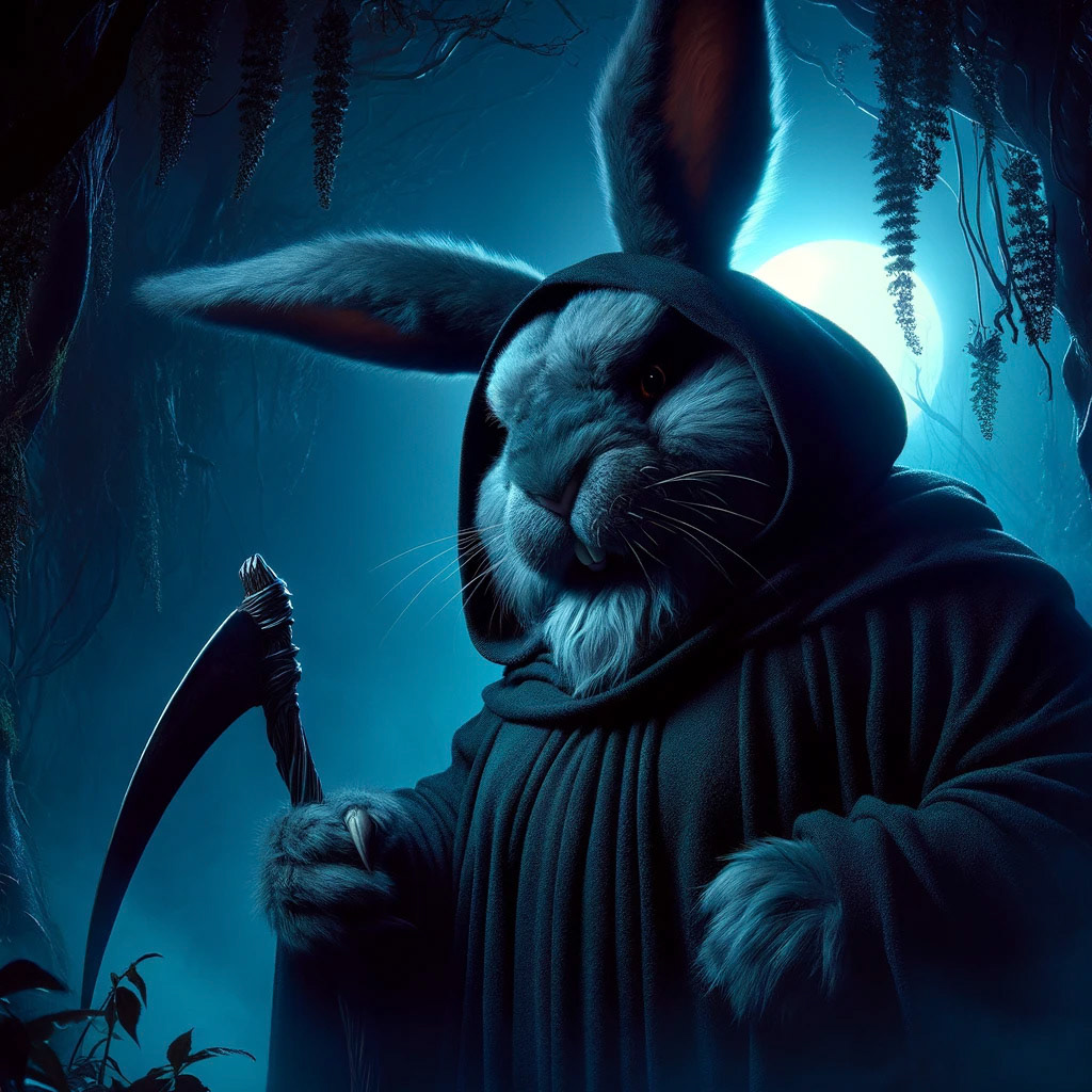 "A dark fantasy illustration of Thlayli the Rabbit Reaper, a brave rabbit with a large, imposing figure and a determined expression, in a moonlit, eerie forest with deep shadows and a ghostly atmosphere."