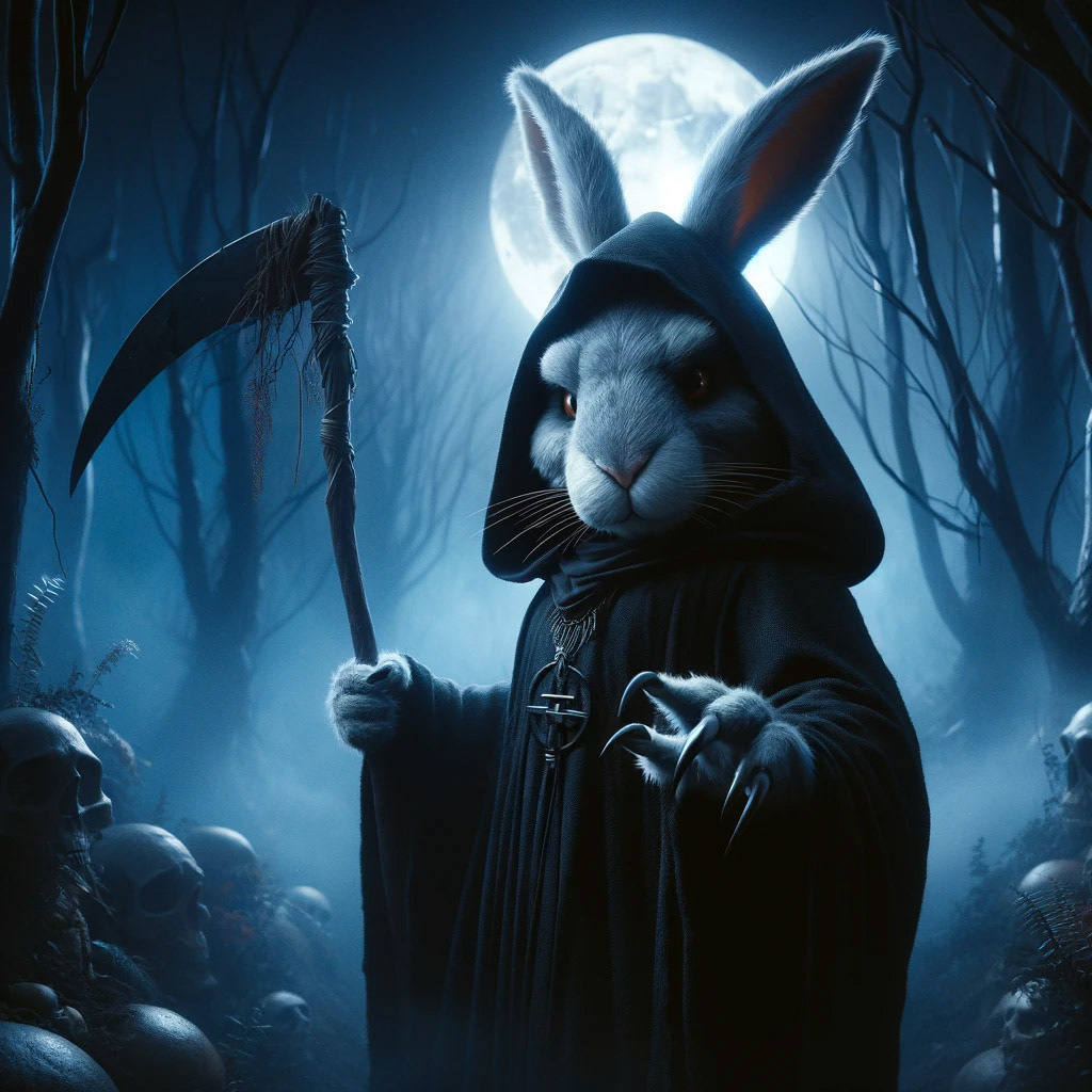 "A dark fantasy illustration of Thlayli the Rabbit Reaper, a brave rabbit with a large, imposing figure and a determined expression, in a moonlit, eerie forest with deep shadows and a ghostly atmosphere."