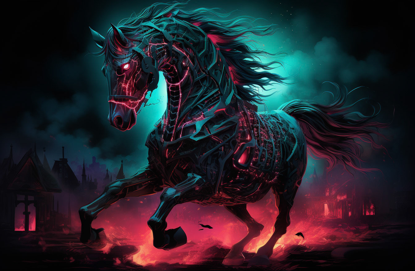 a red horse with blue eyes and glowing a pink light behind it, in the style of macabre illustrations, dark green and light cyan, cinematic scenes, hyper-detailed illustrations, cypherpunk, green and crimson, gothic atmosphere --ar 32:21 - Midjourney