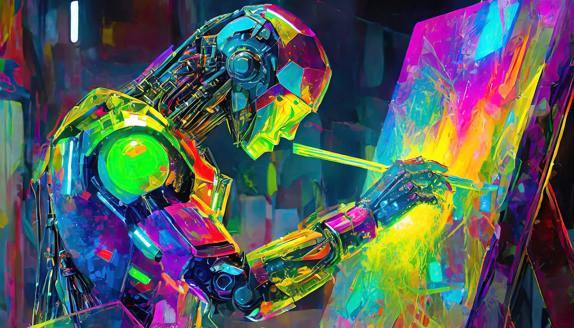 "A robot AI is creating a surreal work of art. Harmonious blend of traditional art and futuristic technology. Bright, inspiring colors and abstract shapes representing infinite creativity."