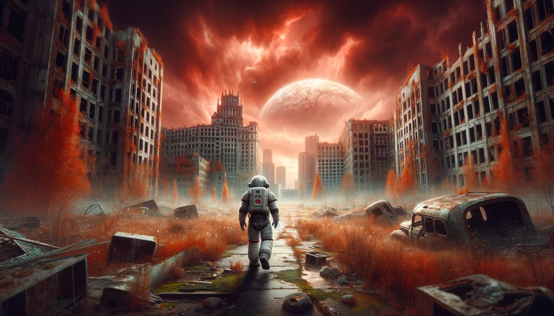 "Cinematic representation of an astronaut wandering through a deserted post-apocalyptic city, surrounded by decayed buildings and a stormy sky, conveying a mood of loneliness."
