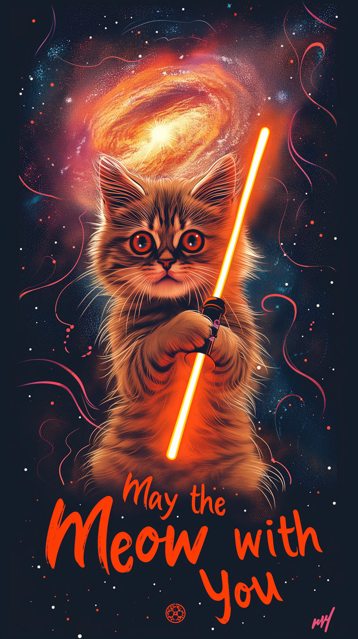 star wars cats style, jedi cats, holding orange light sword, space backgrund with nebula, highly detailed curling swirls, glowing colours with typography text "may the meow with you", typography, 3d render,