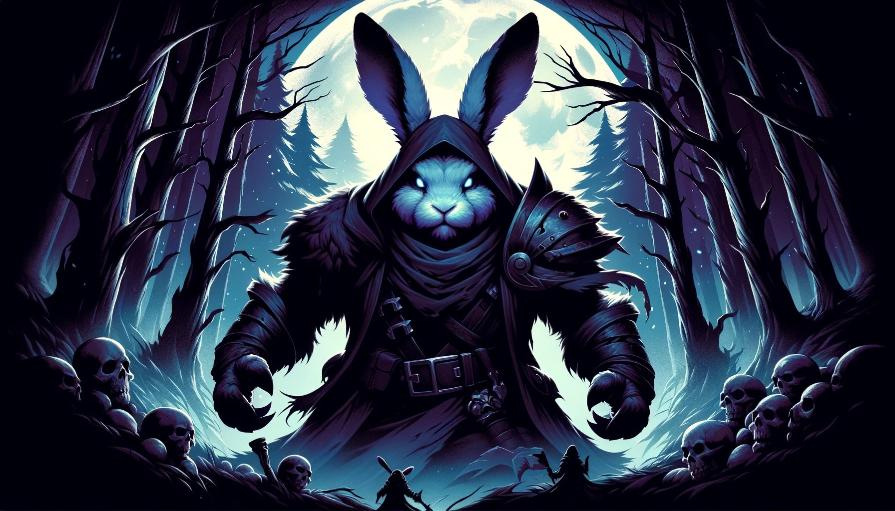 "A dark fantasy illustration of Thlayli the Rabbit Reaper, a brave rabbit with a large, imposing figure and a determined expression, in a moonlit, eerie forest with deep shadows and a ghostly atmosphere."