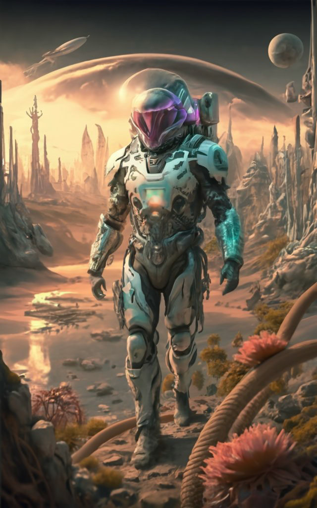 "An astronaut encounters an advanced alien civilization on an exotic planet, characterized by floating cities, glowing crystal structures and colorful, alien flora and fauna."