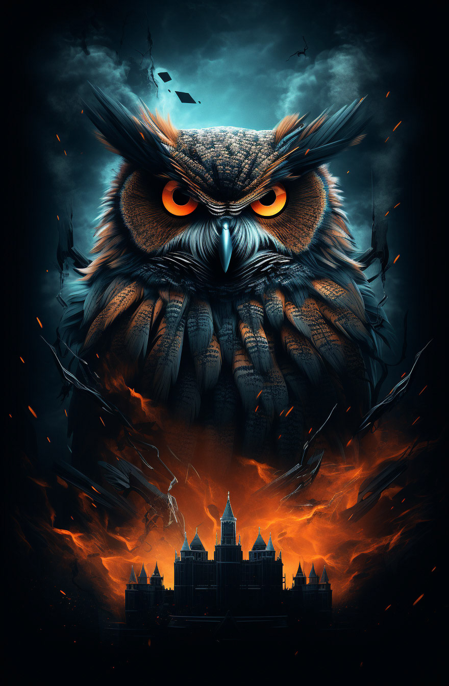 a digital art of an owl, in the style of energy-filled illustrations, uhd image, dark sky-blue and dark orange, edgy street art, explosive wildlife, hauntingly beautiful illustrations, vray --ar 21:32- Midjourney
