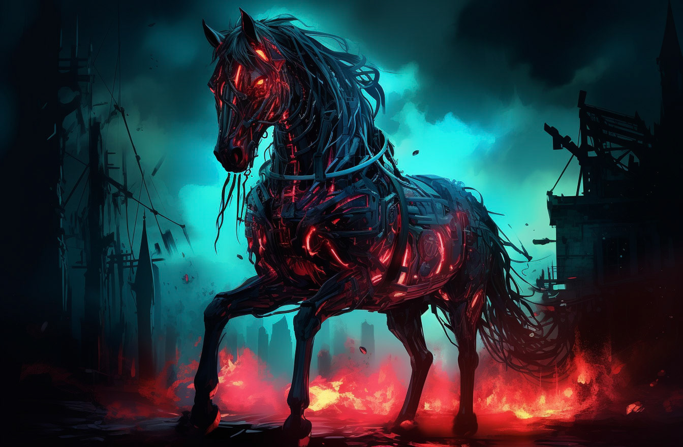 a red horse with blue eyes and glowing a pink light behind it, in the style of macabre illustrations, dark green and light cyan, cinematic scenes, hyper-detailed illustrations, cypherpunk, green and crimson, gothic atmosphere --ar 32:21 - Midjourney