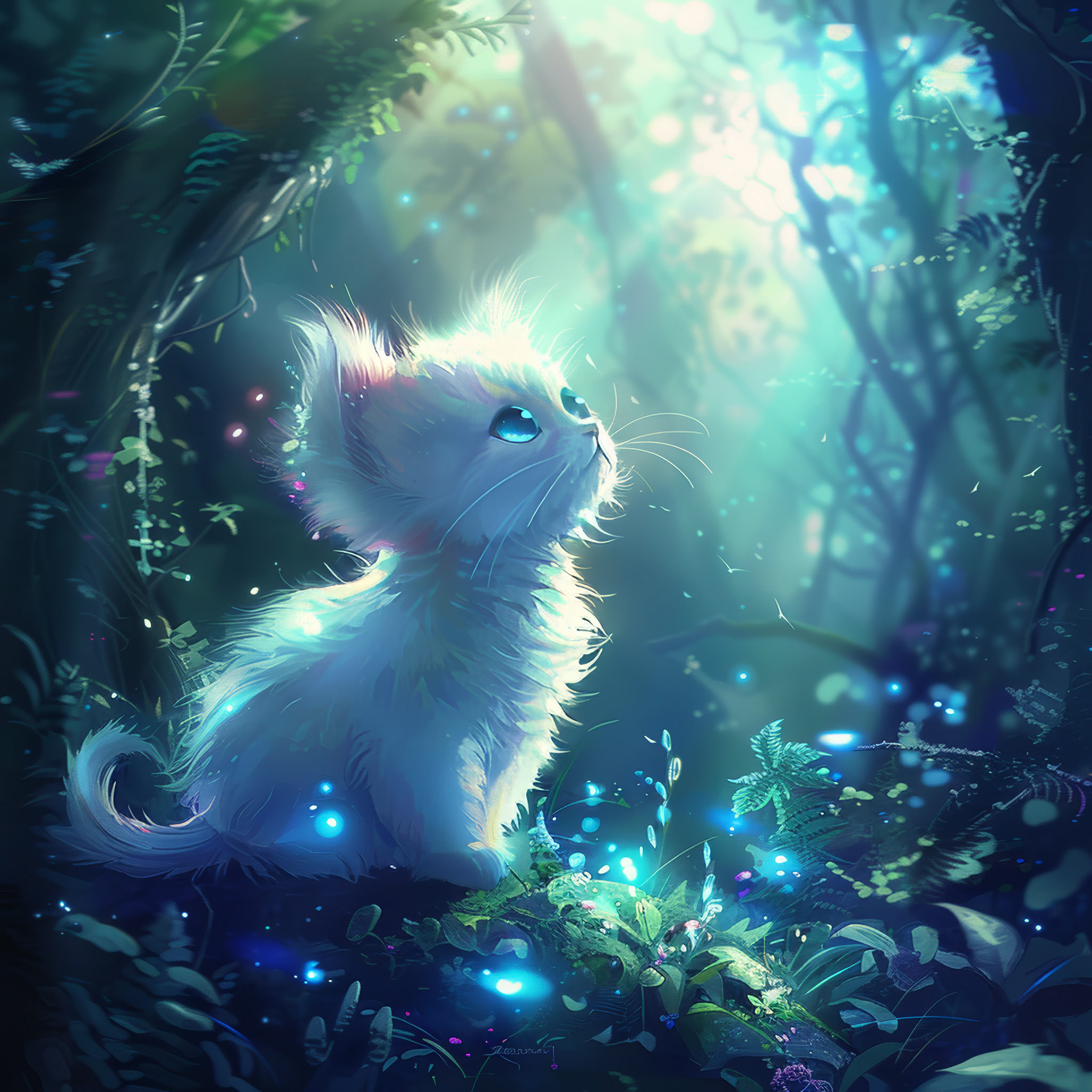 Cute white kitten in the forest, in the style of cartoon, in the style of anime, bright colors, high resolution, in the style of video game art, glowing light effects, magical atmosphere, playful character design, fantasy background, YouTube thumbnail, soft lighting. Job ID: dd407c51-2453-4b24-9e86-bb871339f841