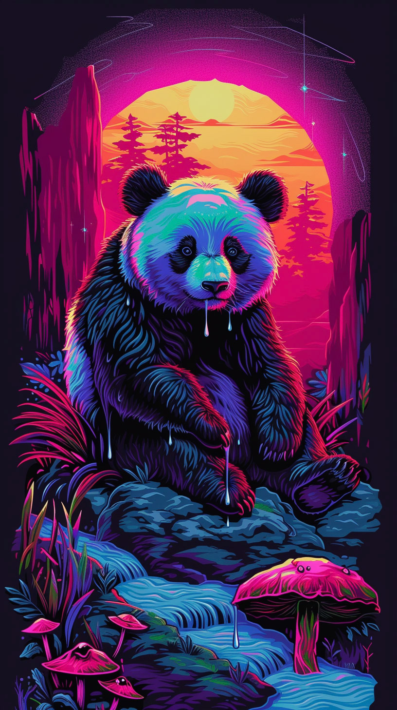 a panda bear sitting on the rocks, in the style of psychedelic illustration, vibrant color gradients, dan mumford, playful characters, realism with surrealistic elements, mushroomcore, drip painting --ar 16:9Midjourney