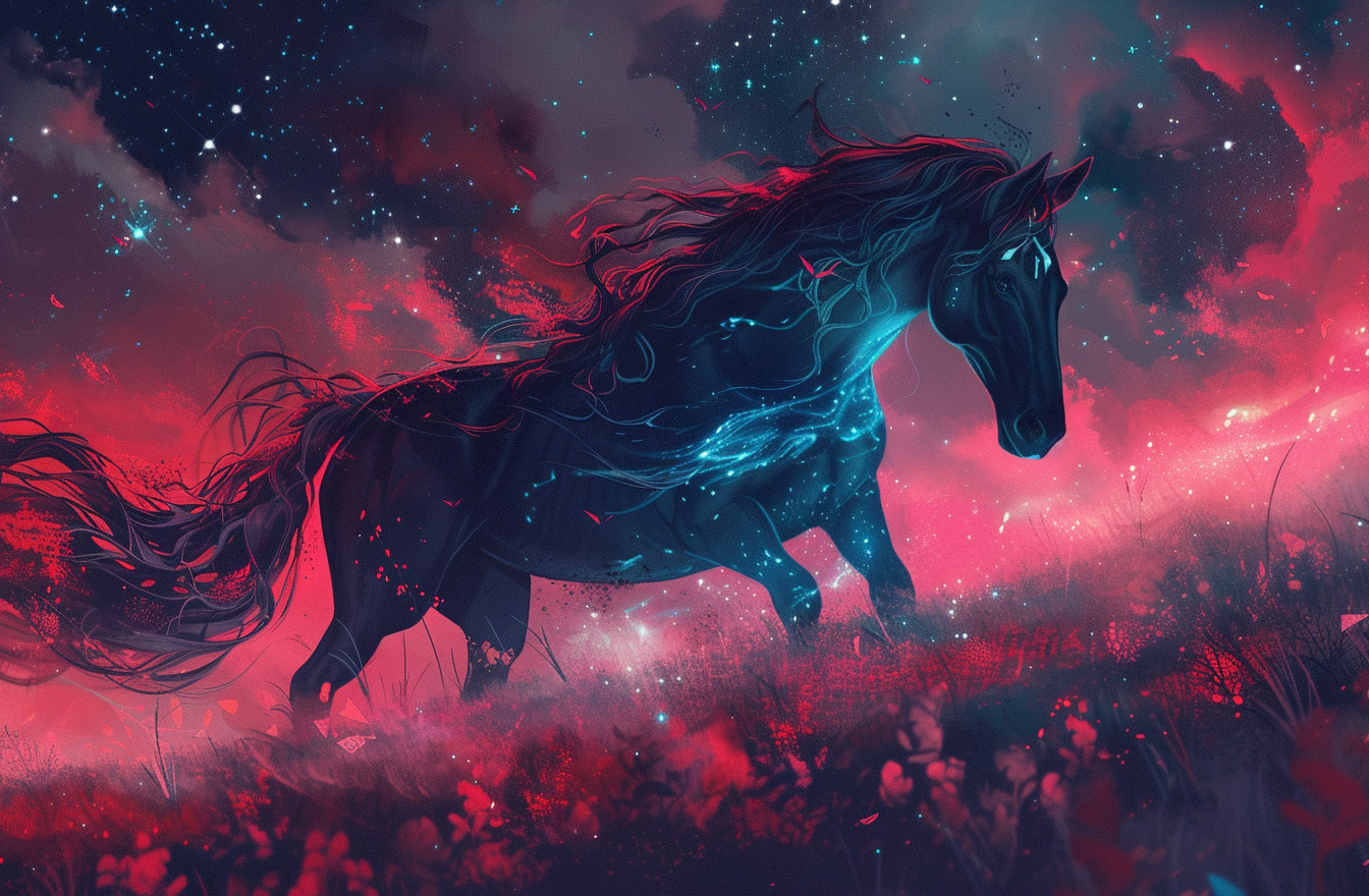 a dark horse in a field full of stars, in the style of futuristic chromatic waves, red and crimson, witchcore, graffiti-inspired animals, dragoncore, glowing colors, caninecore --ar 32:21 --v 6- Midjourney