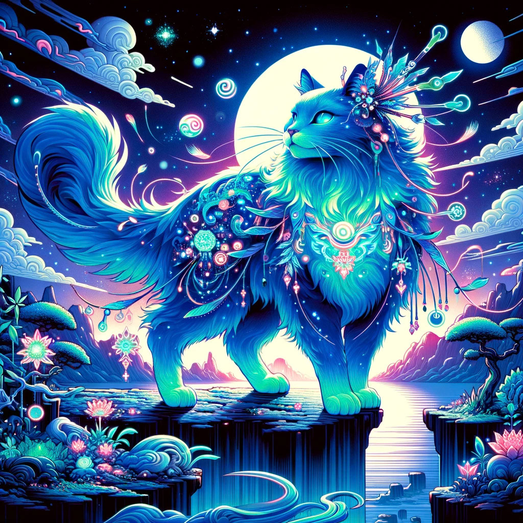 "A majestic cat with neon blue fur, adorned with floating elements, stands tall in a mystical landscape. The surreal style of this illustration recalls the intricate details of a ukiyo-e print, with vibrant colors and dynamic angles giving it a modern anime twist."
