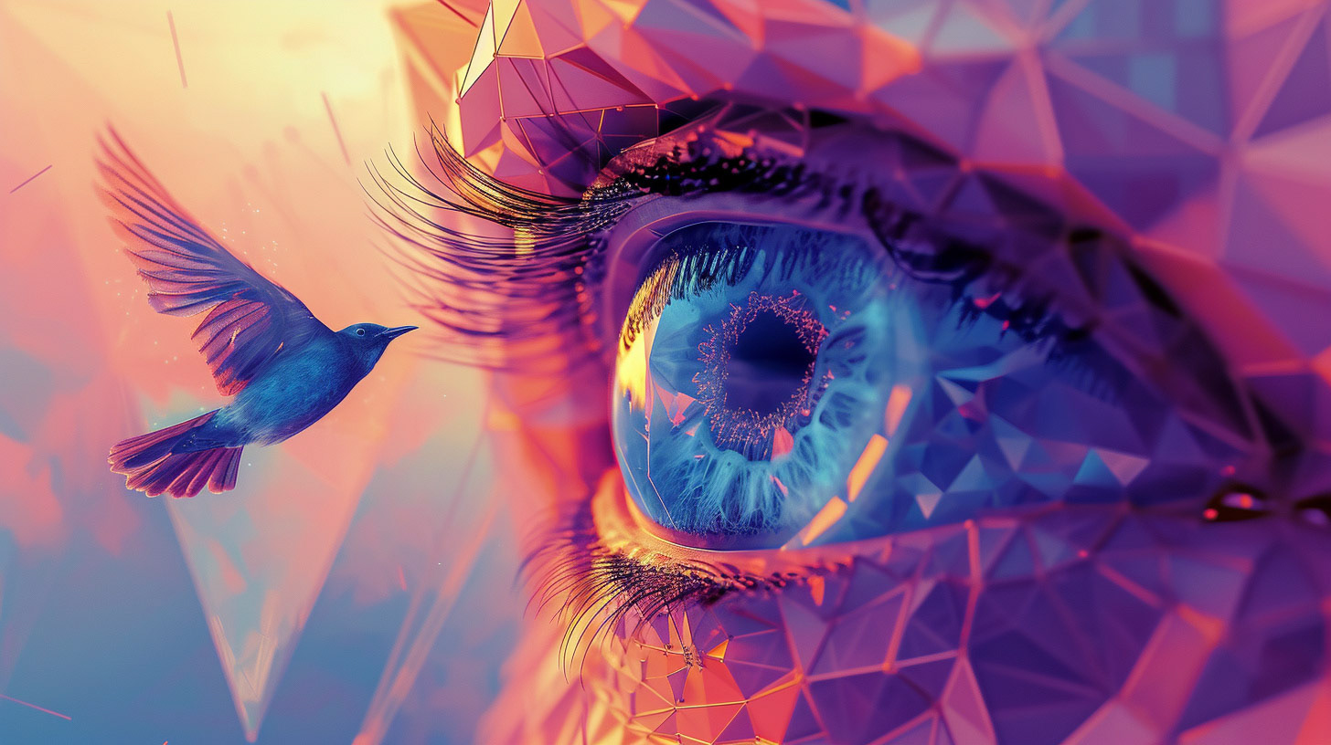 A geodesic structure in the shape of a human eye, with a bird taking flight from the pupil. The scene is vibrant and dynamic, with a touch of the extraordinary. Rendered in a vivid, imaginative style. --ar 16:9 --v 6 - Midjourney