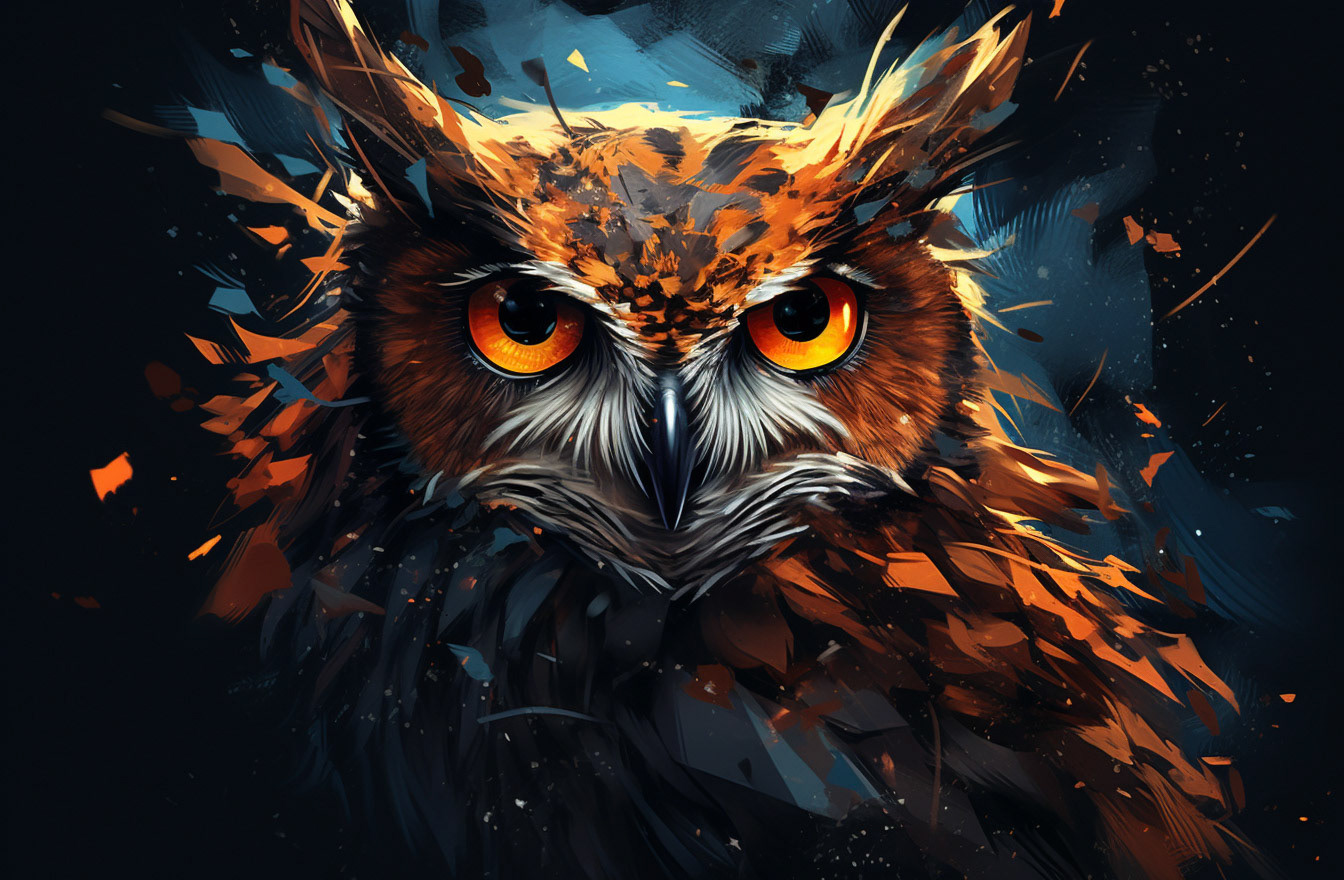 an image of an owl in a dark background, in the style of speedpainting, dark orange and dark blue, energy-filled illustrations, rusty debris, photorealistic eye, lively illustrations, bold graphic illustrations --ar 32:21- Midjourney
