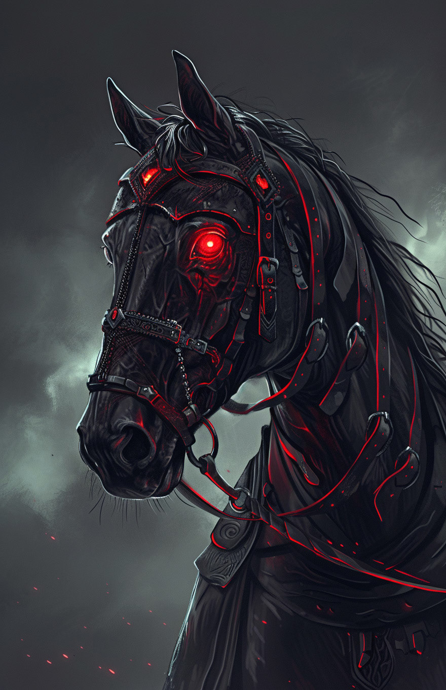 a drawing of a horse with glowing eyes, emo outfits, in the style of dan mumford, dark gray and red, 32k uhd, viktor vasnetsov, necronomicon illustrations, noriyoshi ohrai, realistic color schemes --ar 83:128 --v 6 - Midjourney