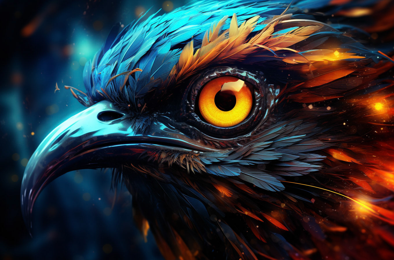 an abstract bird and eye with colorful lights, in the style of photorealistic surrealism, smokey background, dreamlike portraiture, turquoise and orange, eye-catching composition, uhd image, detailed character illustrations --ar 115:76- Midjourney