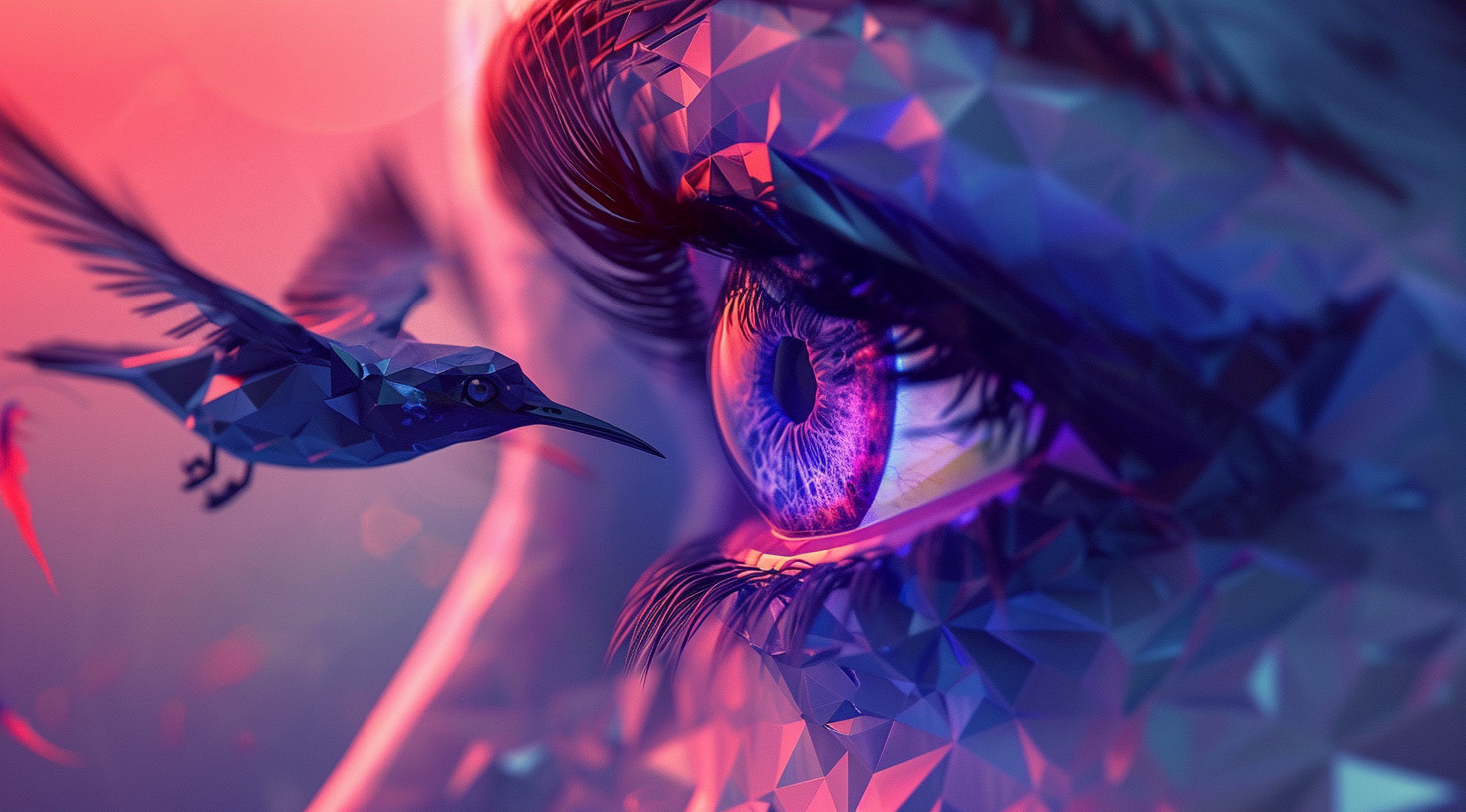an image the eye of someone with a bird, flying in front of it, in the style of vibrant futurism, low poly, mixes realistic and fantastical elements, violet and blue, focus on joints/connections, hyper-realistic animal illustrations, uhd image --ar 128:71 --v 6- Midjourney