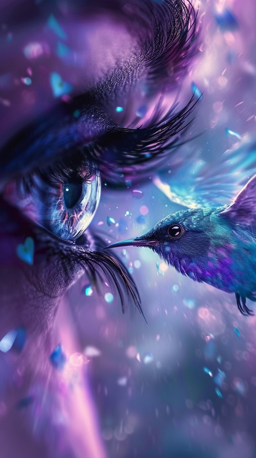 an image the eye of someone with a bird, flying in front of it, in the style of vibrant futurism, low poly, mixes realistic and fantastical elements, violet and blue, focus on joints/connections, hyper-realistic animal illustrations, uhd image --ar 9:16 --v 6 - Midjourney