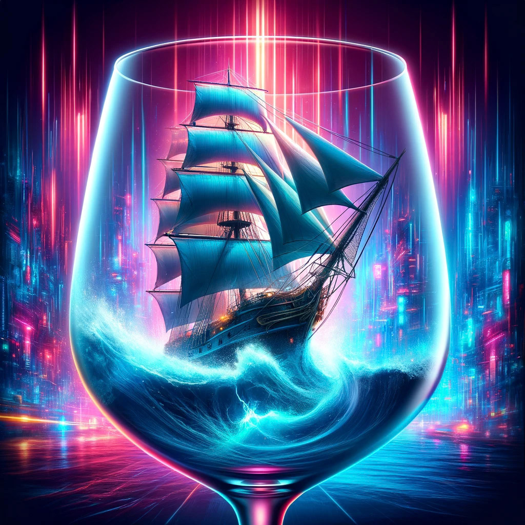A majestic sailing ship, with its sails billowing in the wind, navigating through a turbulent storm inside a wine glass. The neon lights of a cyberpunk city in the background add a touch of futuristic fantasy to the scene.