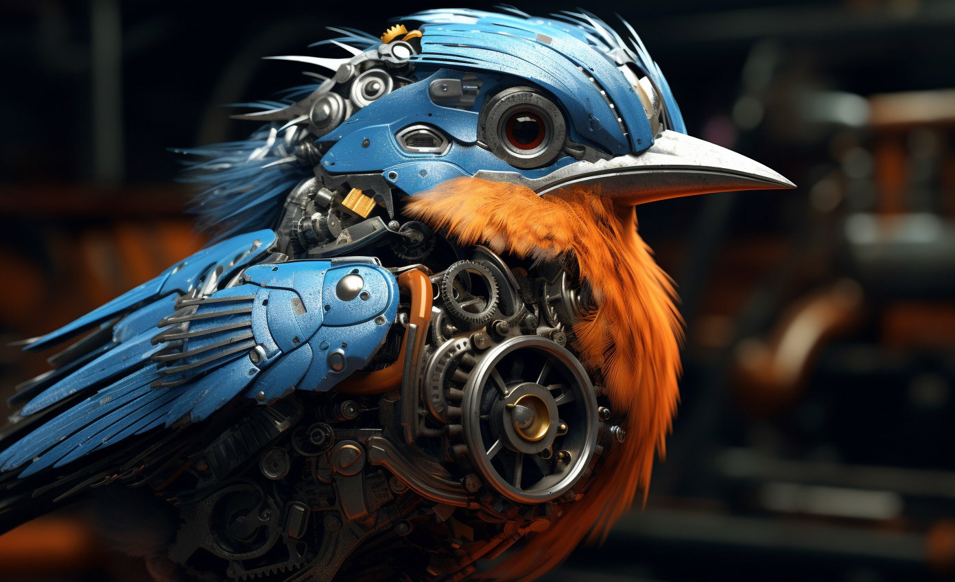 a blue and orange bird with gears on its head, in the style of hyper-realistic sci-fi, vray tracing, photo-realistic techniques, detailed and intricate compositions, industrialization, ravencore, characterized animals --ar 64:39 - Midjourney