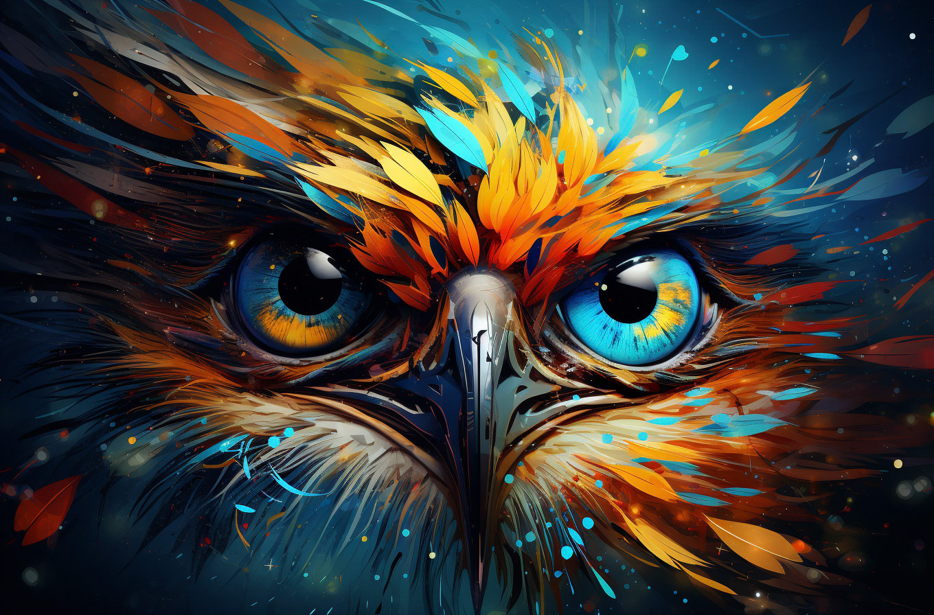 an abstract bird and eye with colorful lights, in the style of photorealistic surrealism, smokey background, dreamlike portraiture, turquoise and orange, eye-catching composition, uhd image, detailed character illustrations --ar 115:76- Midjourney
