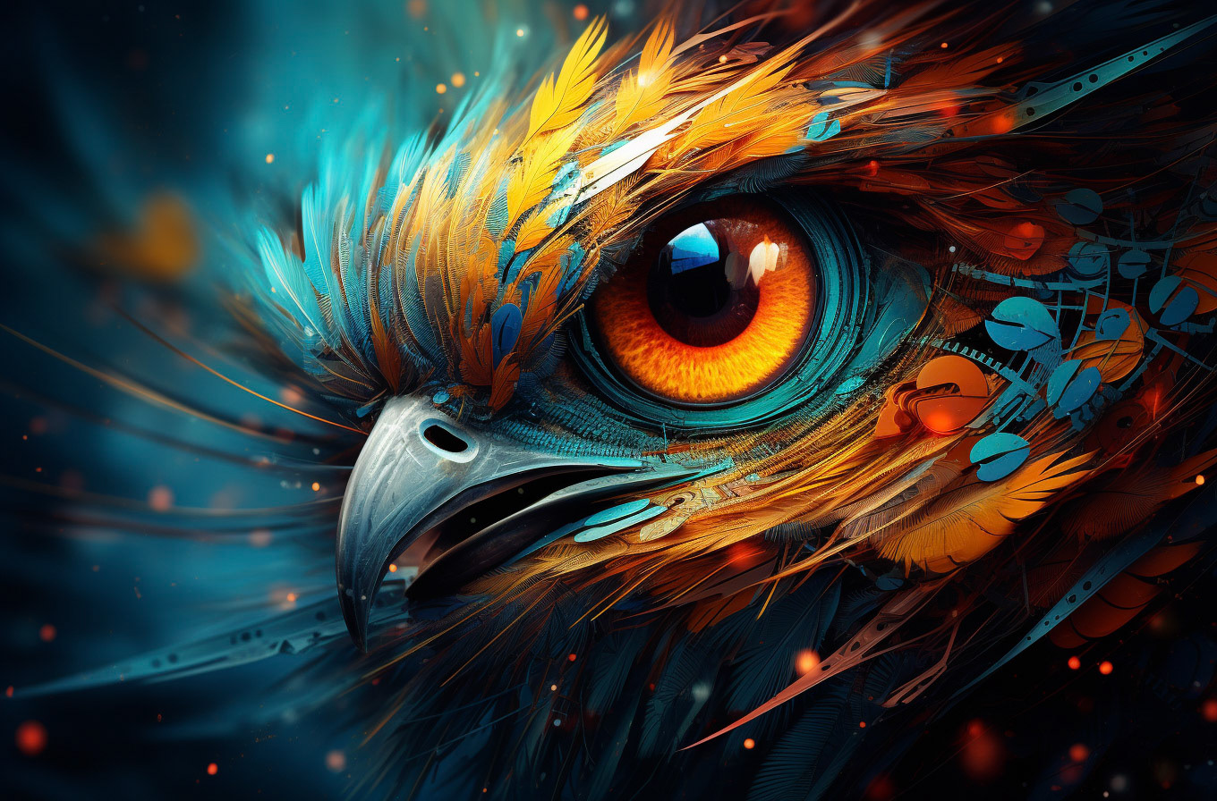an abstract bird and eye with colorful lights, in the style of photorealistic surrealism, smokey background, dreamlike portraiture, turquoise and orange, eye-catching composition, uhd image, detailed character illustrations --ar 115:76- Midjourney