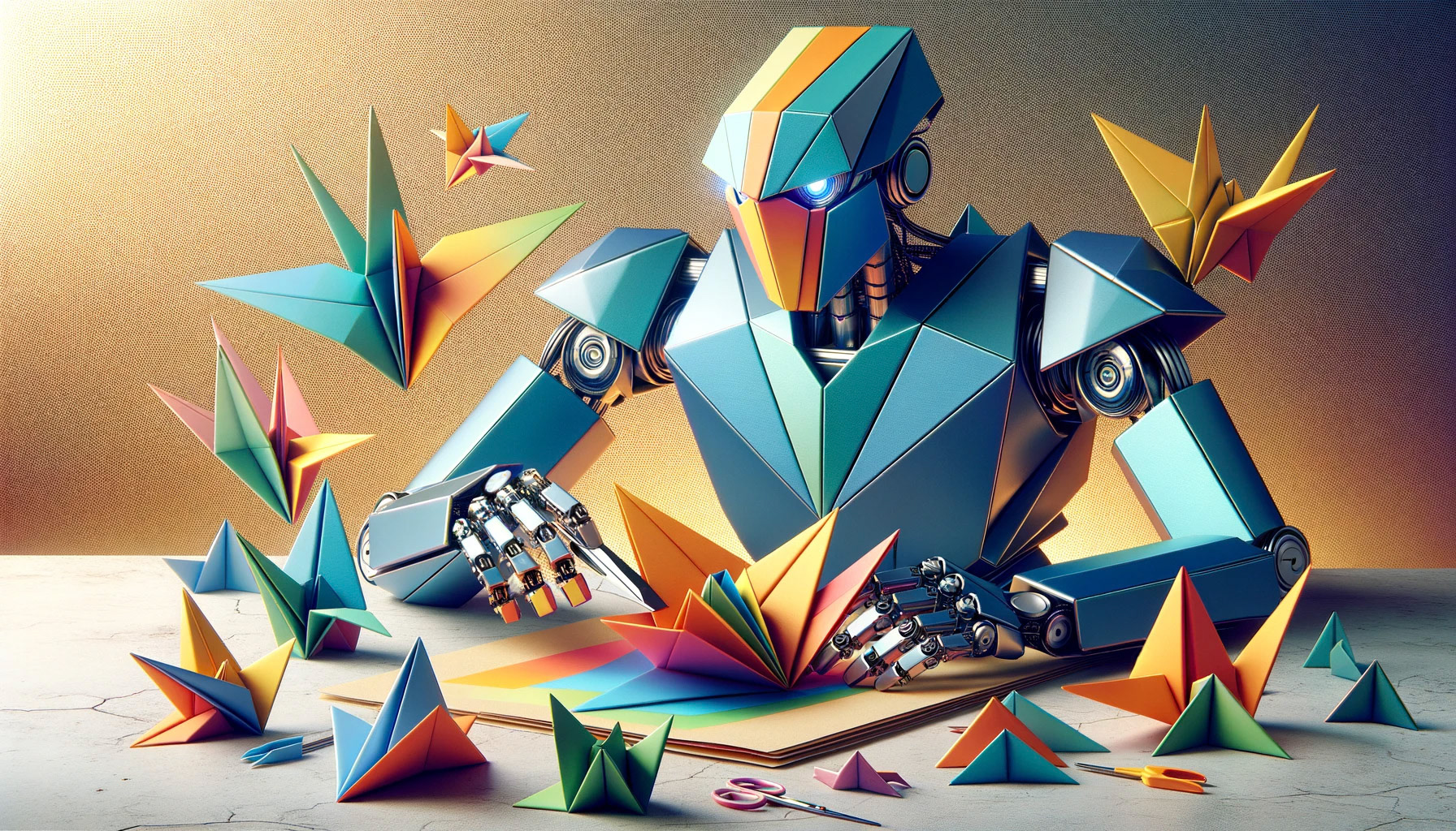 "Create a surreal scene where robots are crafting art, with a strong emphasis on origami aesthetics. The robots themselves have a faceted, geometric appearance as if they are made of folded paper, with sharp edges and planes that reflect light in various angles. The colors are vibrant but with the distinct crispness and angularity of origami. The background is minimalist, with paper-like textures and subtle creases, enhancing the origami theme. The entire composition combines the clean lines of paper art with the complexity of robotic design."