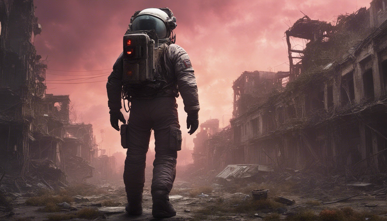 "Cinematic representation of an astronaut wandering through a deserted post-apocalyptic city, surrounded by decayed buildings and a stormy sky, conveying a mood of loneliness."