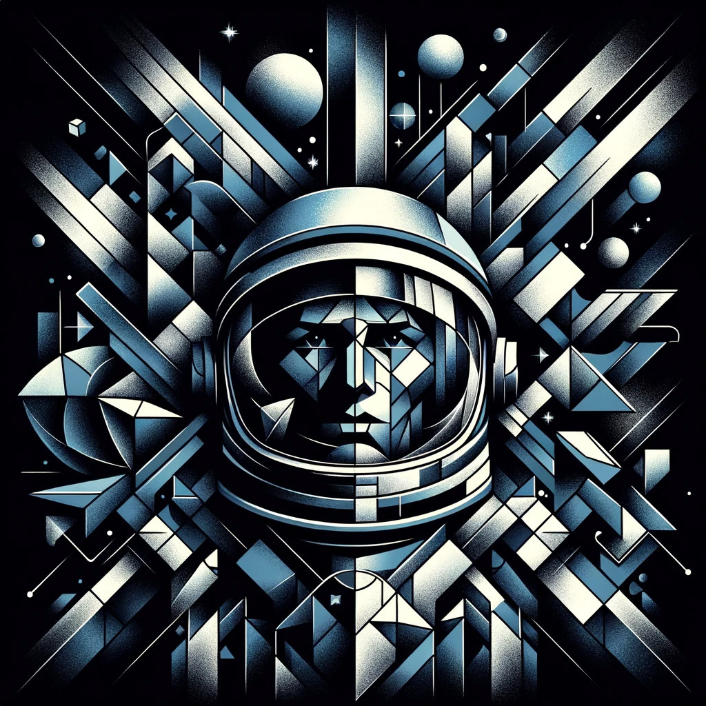 "An astronaut in cubist style, surrounded by geometric shapes representing an abstract, fragmented space station. The depiction features multiple viewpoints with angular, intersecting planes, creating a sense of dislocation. The bold color palette and floating geometric shapes add to the fragmented, surreal quality of the scene.