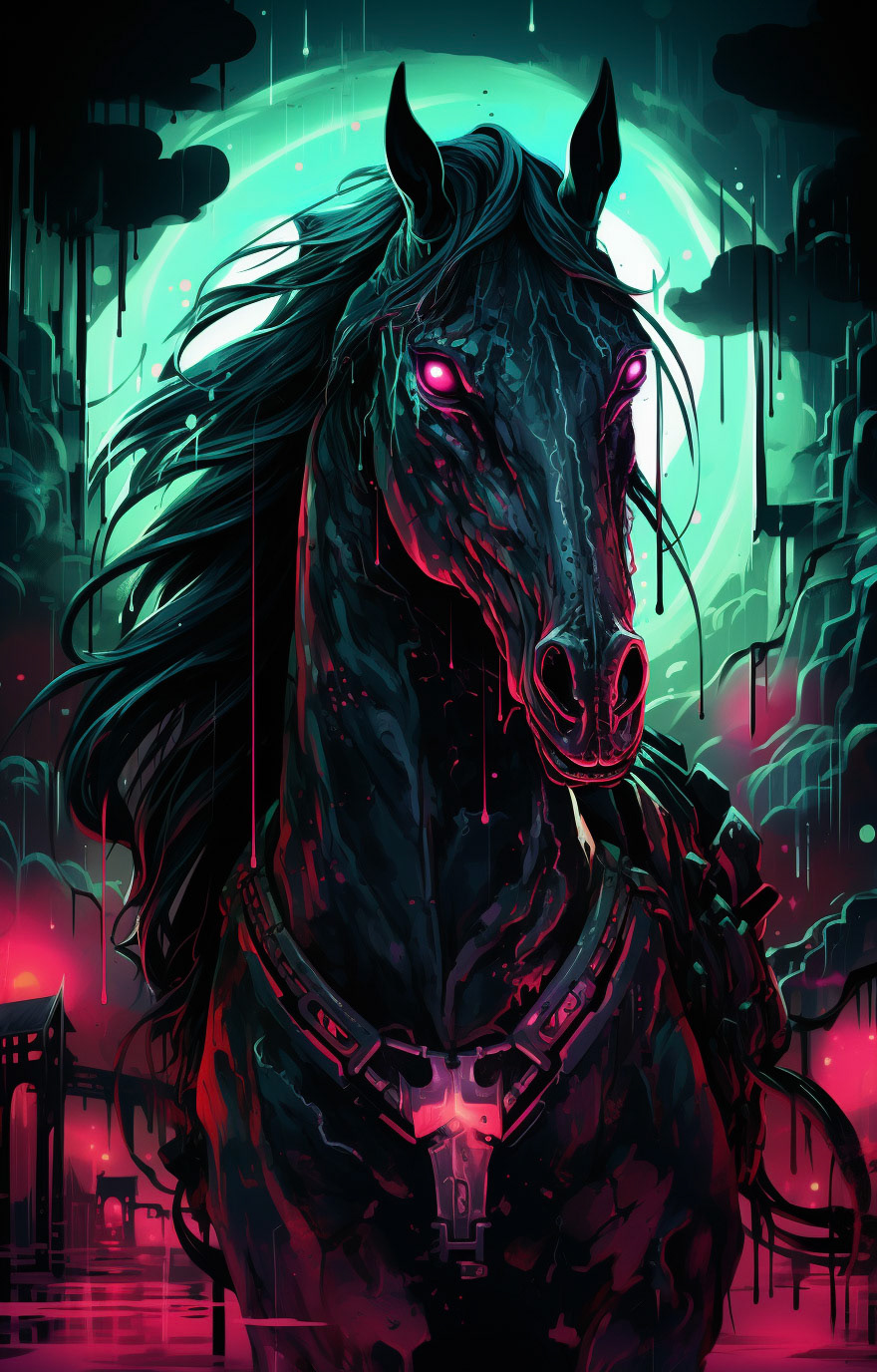 a red horse with blue eyes and glowing a pink light behind it, in the style of macabre illustrations, dark green and light cyan, cinematic scenes, hyper-detailed illustrations, cypherpunk, green and crimson, gothic atmosphere --ar 41:64 - Midjourney