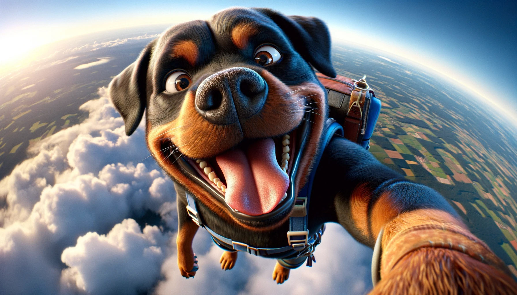 create a scene where a rottweiler is base jumping alone and jumps down. the animal laughs broadly, has wide open eyes and carries a backpack. above him is the blue sky and below him clouds and land. it is a frog perspective photo, the animal looks down into the camera, 3d cinematic