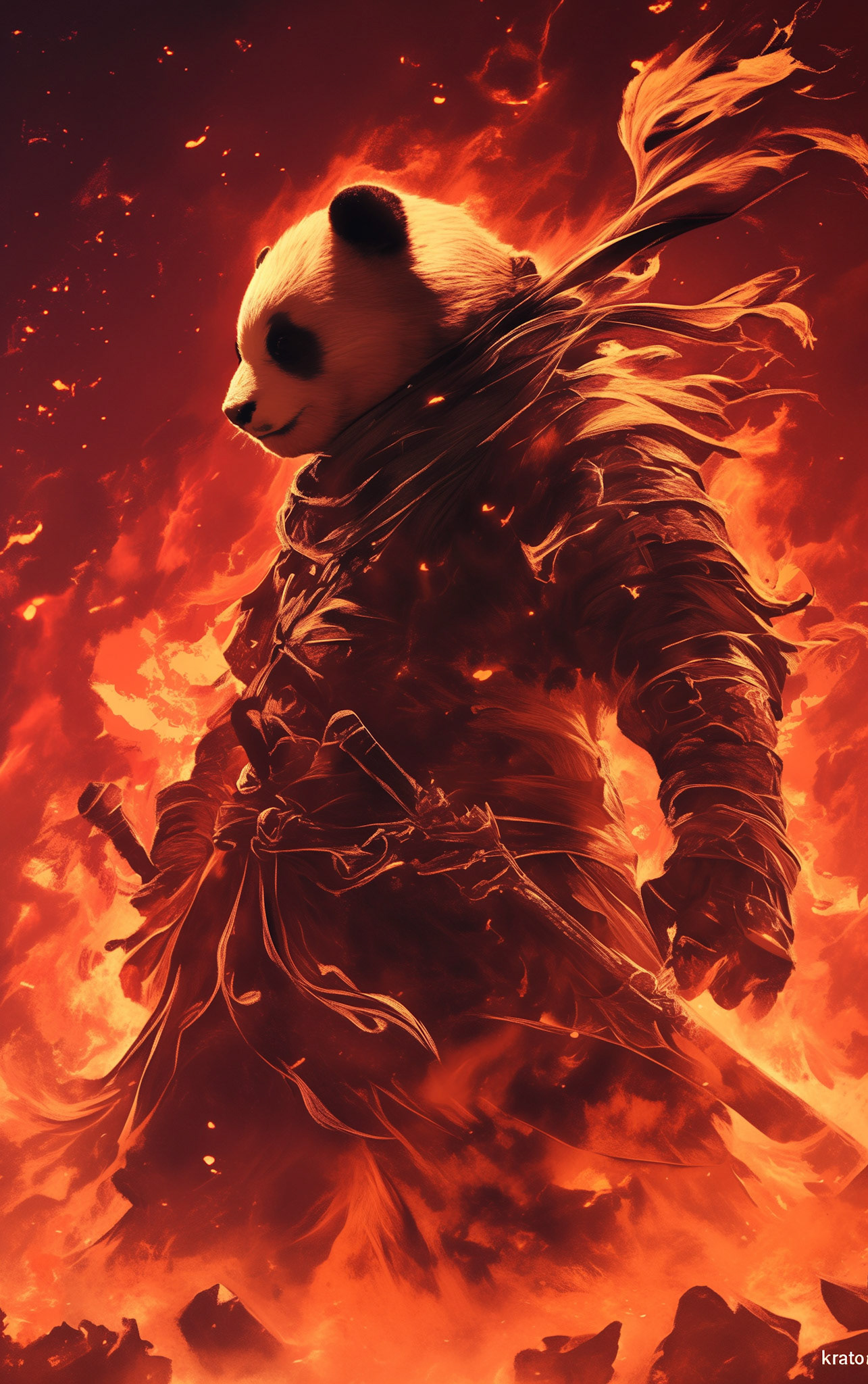 a warrior panda like the game character kratos the god of war. surreal creepy dark souls atmosphere with macabre figures, the suround is in flame --ar 5:8 --niji 6 Midjourney