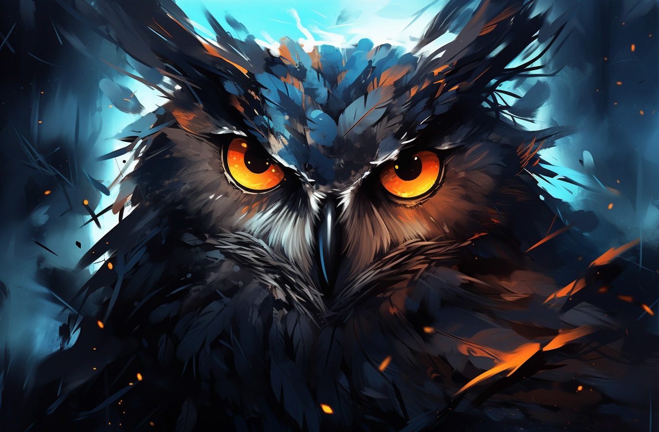 an old drawing of a black colored owl with orange eyes and blue eyes, in the style of cyril rolando, explosive wildlife, uhd image, aleksi briclot, dark and chaotic, neo-mosaic, emotional intensity --ar 32:21 --v 6 - Midjourney