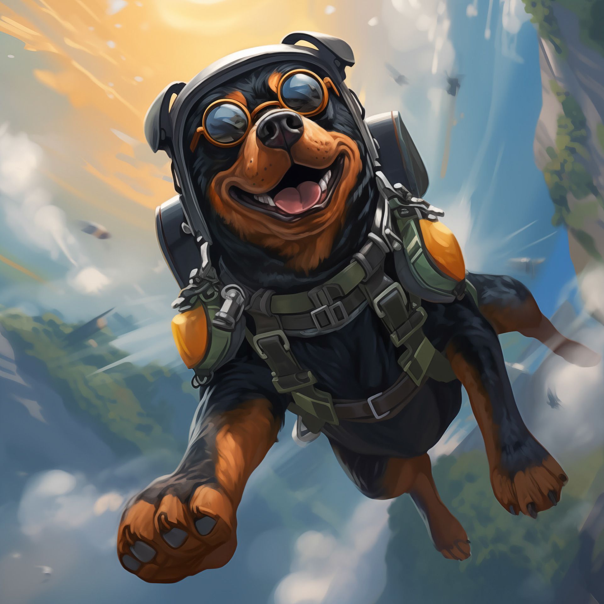 create mysterie anime scene with a rottweiler that jump into the sky as a base jumper with the equipment of a base jumper. frogperspective, pixar studio style, paint color Job