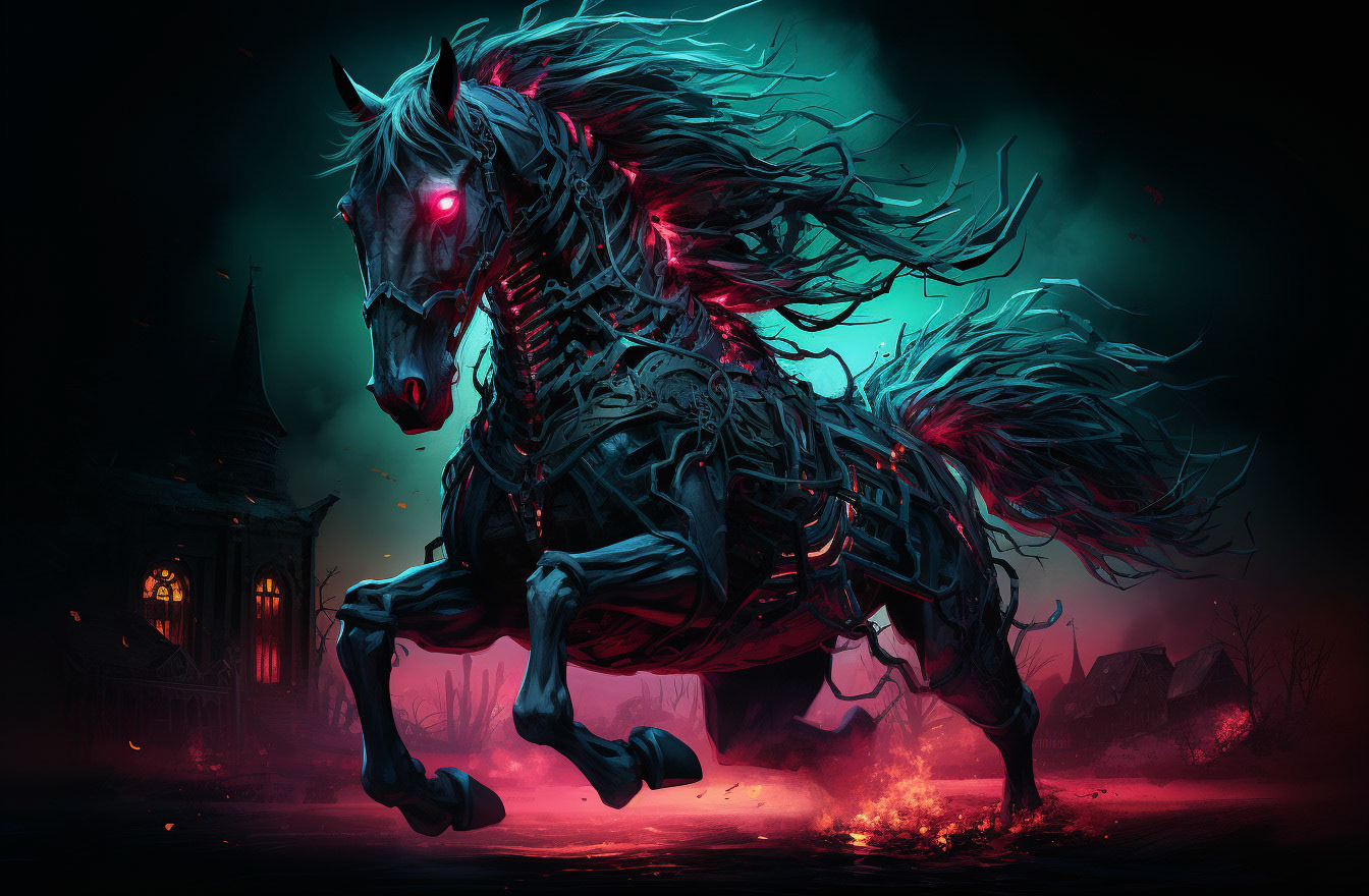 a red horse with blue eyes and glowing a pink light behind it, in the style of macabre illustrations, dark green and light cyan, cinematic scenes, hyper-detailed illustrations, cypherpunk, green and crimson, gothic atmosphere --ar 32:21 - Midjourney