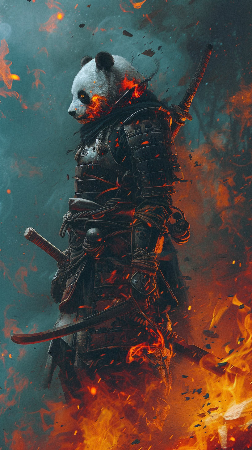 a warrior panda like the game character kratos the god of war. surreal creepy dark souls atmosphere with macabre figures, the suround is in flame --v 6 Midjourney