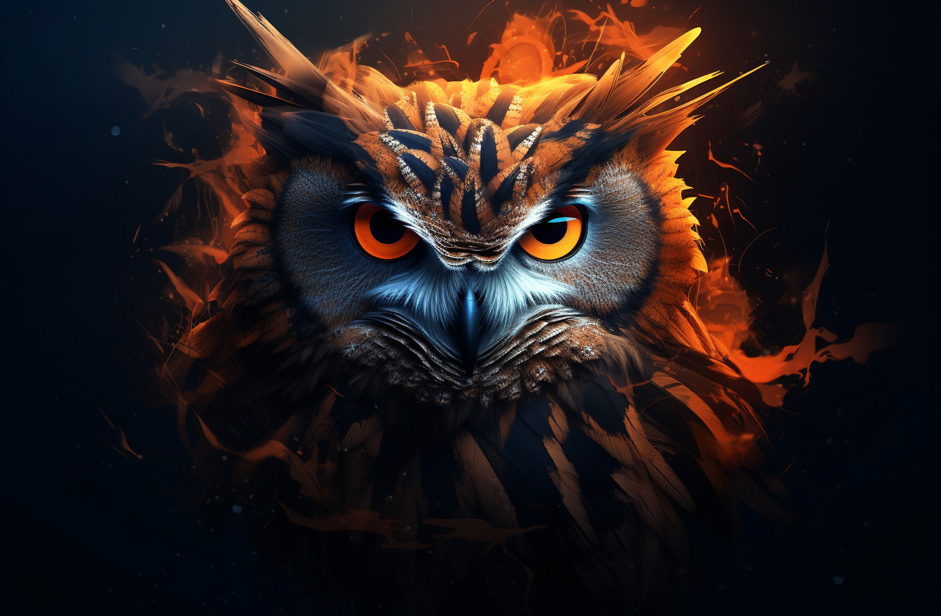 an image of an owl in a dark background, in the style of speedpainting, dark orange and dark blue, energy-filled illustrations, rusty debris, photorealistic eye, lively illustrations, bold graphic illustrations --ar 32:21- Midjourney