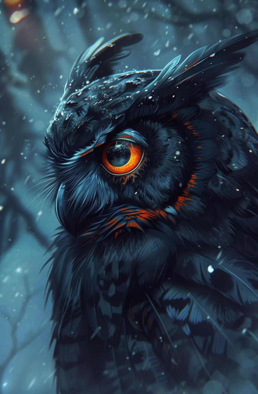 an old drawing of a black colored owl with orange eyes and blue eyes, in the style of cyril rolando, explosive wildlife, uhd image, aleksi briclot, dark and chaotic, neo-mosaic, emotional intensity --ar 21:32 --v 6 - Midjourney