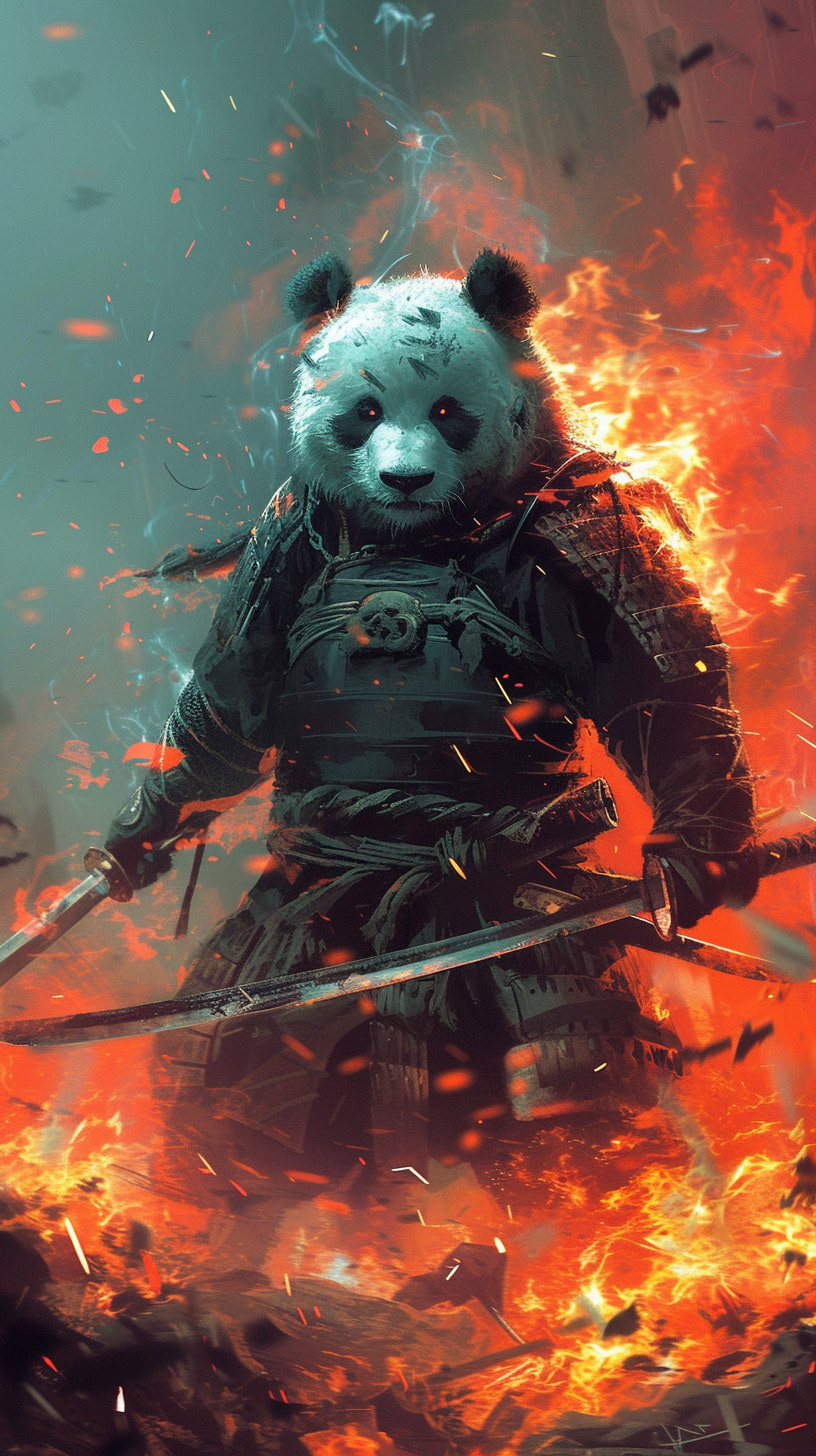 a warrior panda like the game character kratos the god of war. surreal creepy dark souls atmosphere with macabre figures, the suround is in flame --v 6 Midjourney