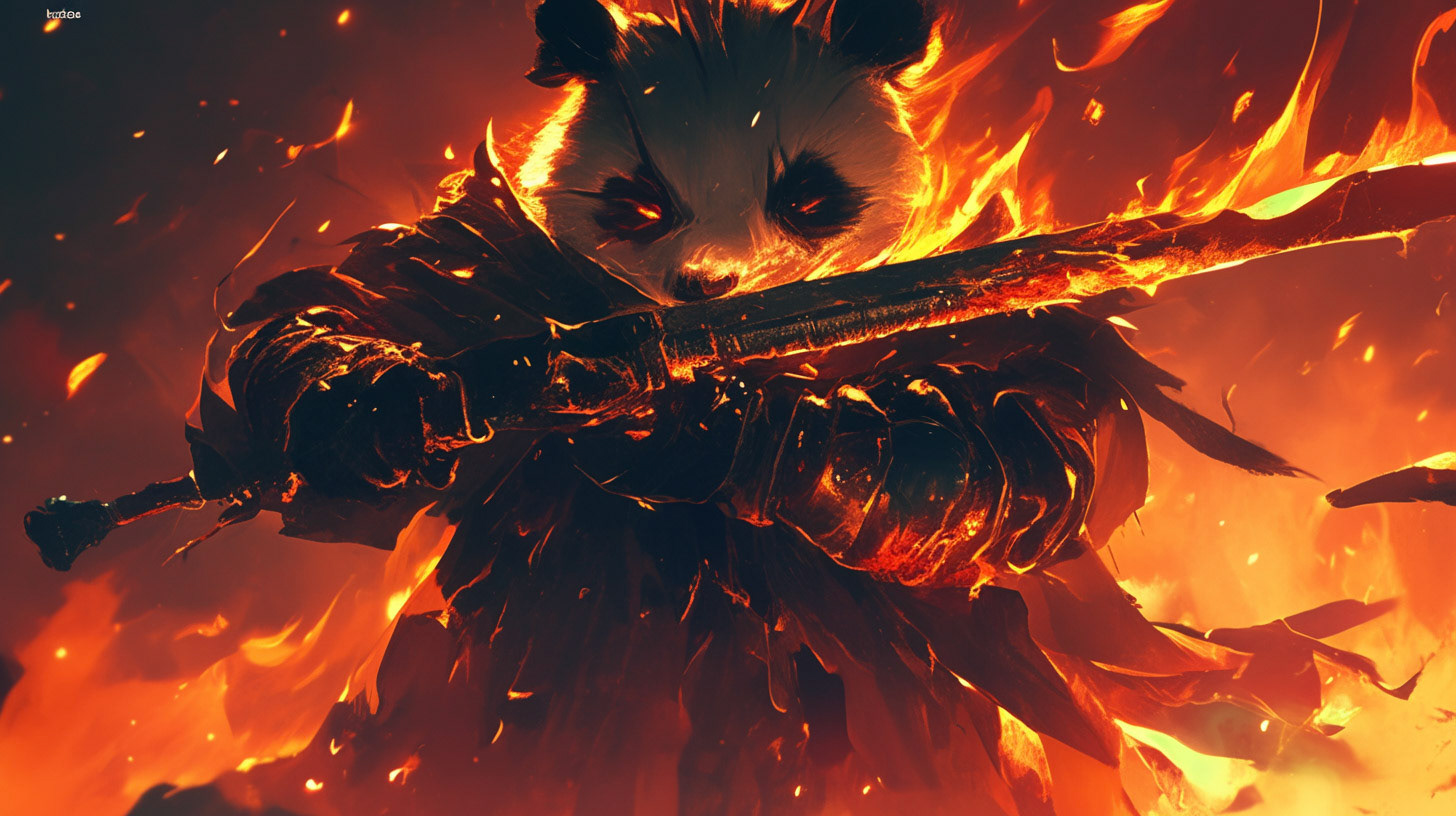a warrior panda like the game character kratos the god of war. surreal creepy dark souls atmosphere with macabre figures, the suround is in flame --v 6 Midjourney