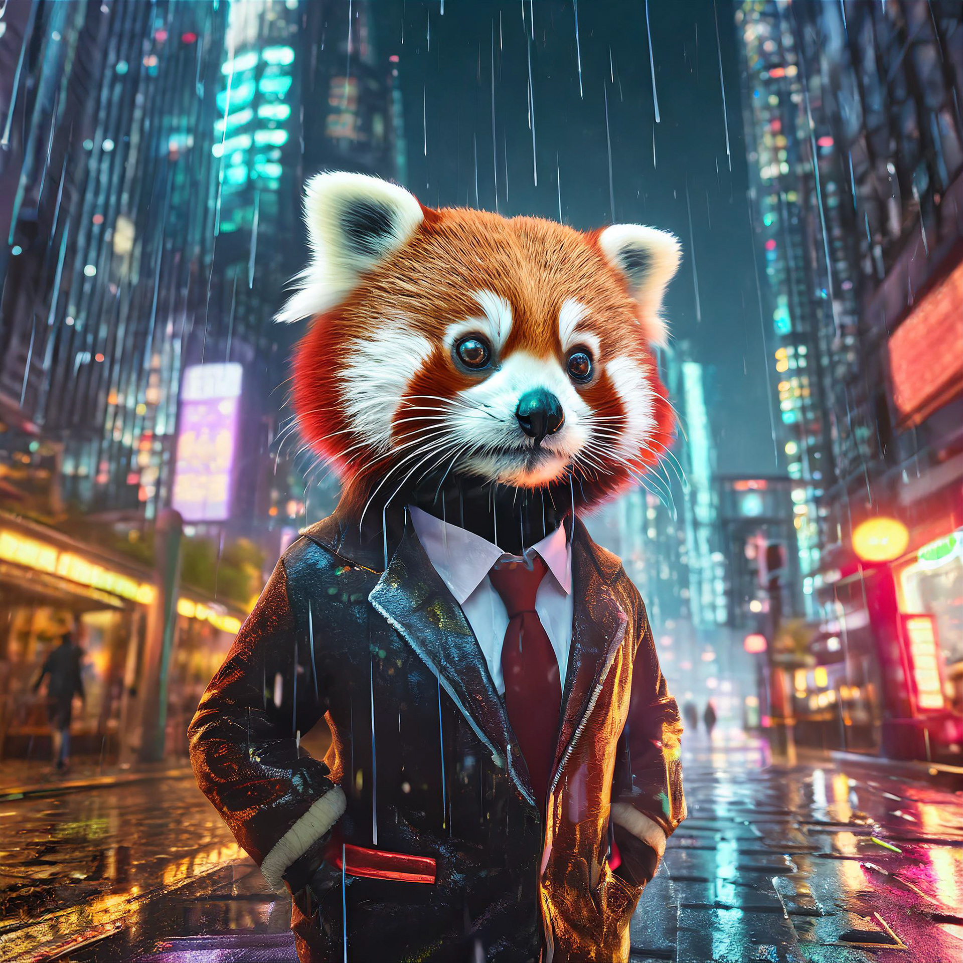 A red panda dressed as a detective, wandering the neon-lit streets of a futuristic city. The scene blends elements of noir with cyberpunk aesthetics, featuring reflective rain-soaked pavements and towering holograms. Created Using: neon glow, cyberpunk cityscape, noir-inspired detective attire, reflective surfaces, nighttime ambiance, vibrant color contrasts, dynamic urban environment, playful character in a serious setting Adobe Firefly