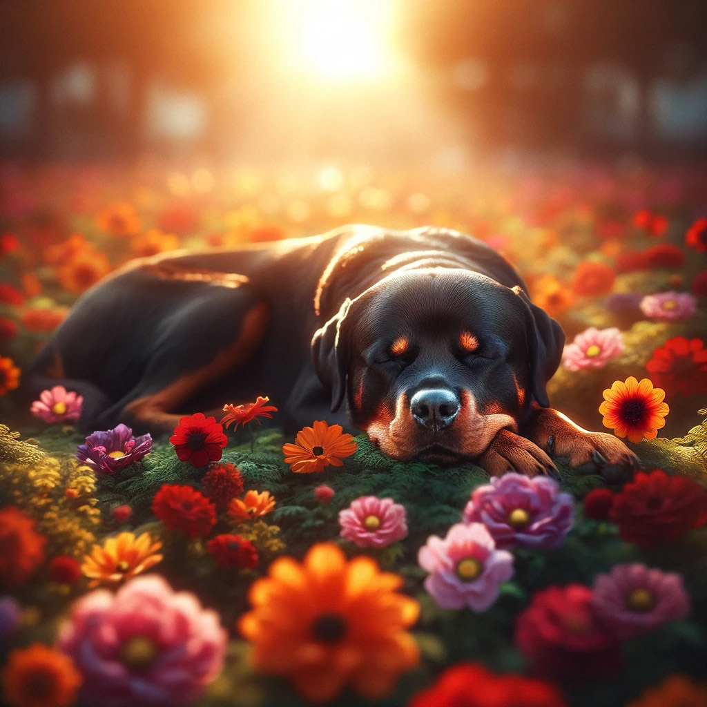a single rottweiler is lying in flowers while the sunshine is shining on his body, the dog sleeps and has closed eyes, colorful flowers, sunshine