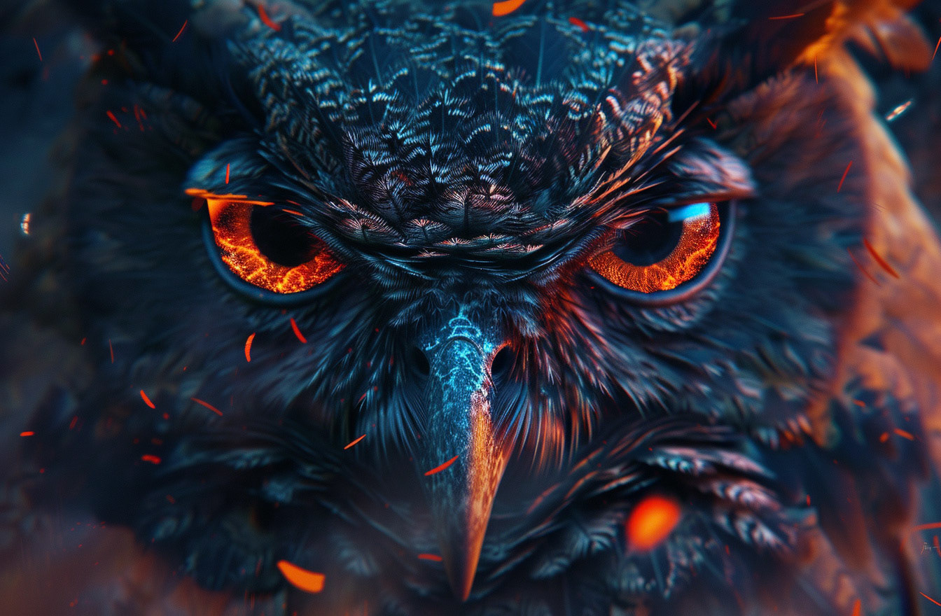 an old drawing of a black colored owl with orange eyes and blue eyes, in the style of cyril rolando, explosive wildlife, uhd image, aleksi briclot, dark and chaotic, neo-mosaic, emotional intensity --ar 32:21 --v 6 - Midjourney
