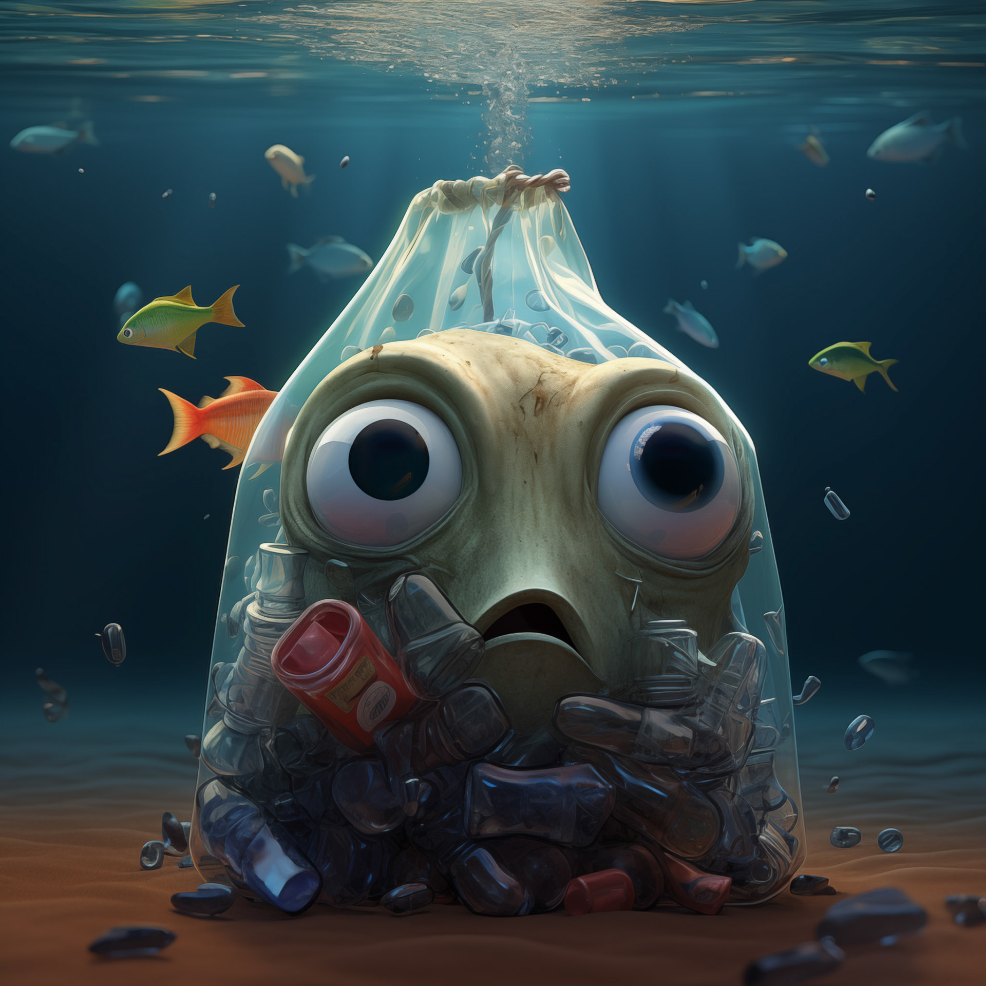 a pet bottle in the oceon with comic eyes. the bottle is surrounded by other pet bottles and they all are damaged. some are broken and some has papers in the bottle. the scene is like a pixar film 1990