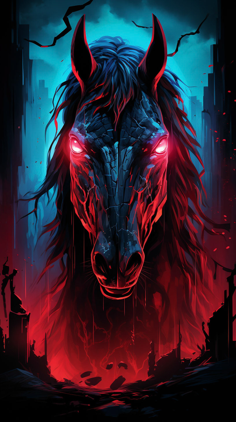 a red horse with blue eyes and glowing a pink light behind it, in the style of macabre illustrations, dark green and light cyan, cinematic scenes, hyper-detailed illustrations, cypherpunk, green and crimson, gothic atmosphere --chaos 5 --ar 9:16 --weird 3- Midjourney