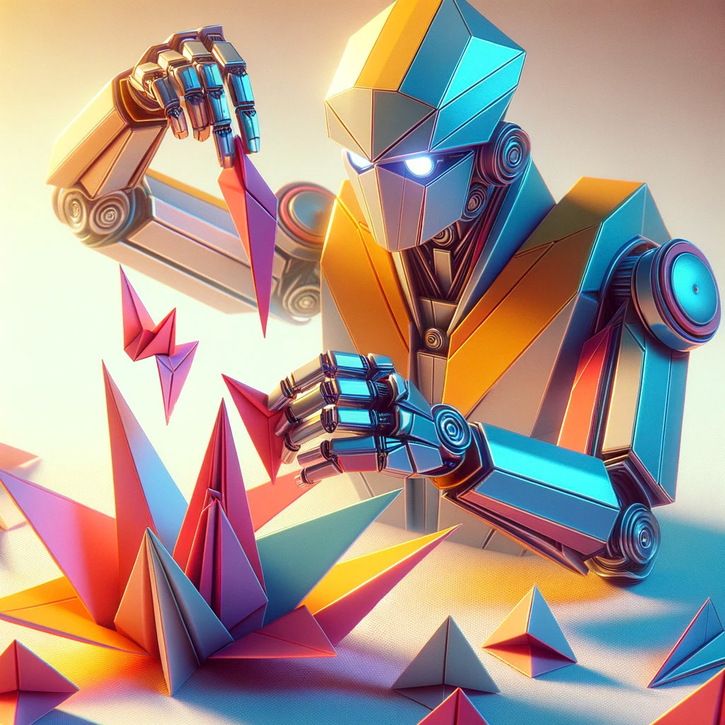 "Create a surreal scene where robots are crafting art, with a strong emphasis on origami aesthetics. The robots themselves have a faceted, geometric appearance as if they are made of folded paper, with sharp edges and planes that reflect light in various angles. The colors are vibrant but with the distinct crispness and angularity of origami. The background is minimalist, with paper-like textures and subtle creases, enhancing the origami theme. The entire composition combines the clean lines of paper art with the complexity of robotic design."