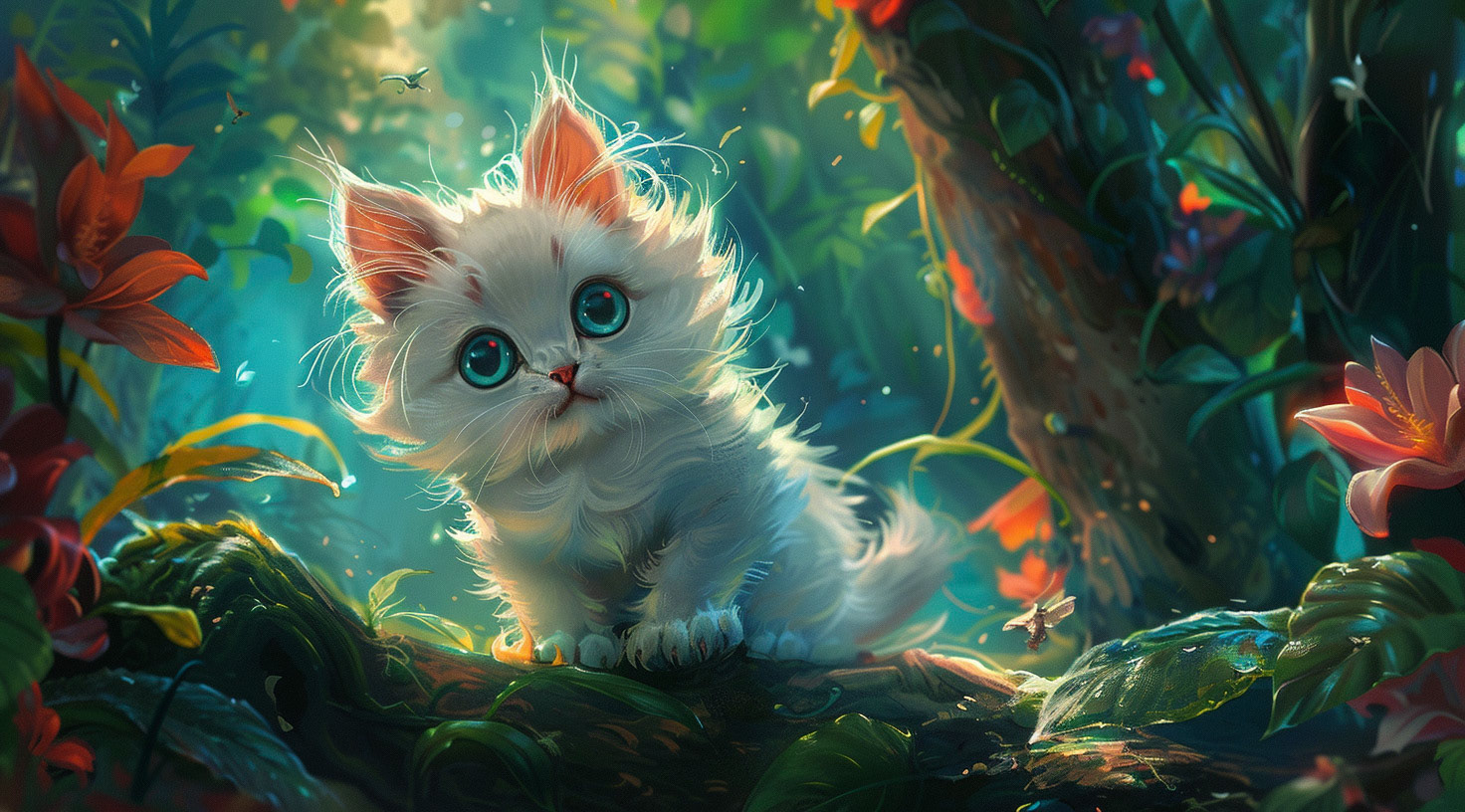 A cute white kitten in the forest, with big eyes, in a fantasy setting, surrounded by glowing plants, in the style of a cartoo with bright colors, at a high resolution, with high detail, of high quality, with high sharpness, high contrast, of best quality, in high definition. --ar 128:71 Job ID: 04f7a277-66cd-4669-bd3b-1af5078ae3e9
