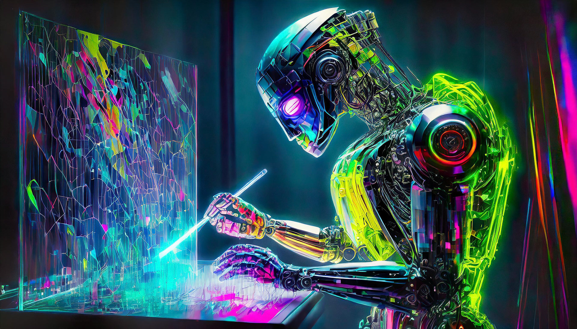 "A robot AI is creating a surreal work of art. Harmonious blend of traditional art and futuristic technology. Bright, inspiring colors and abstract shapes representing infinite creativity."
