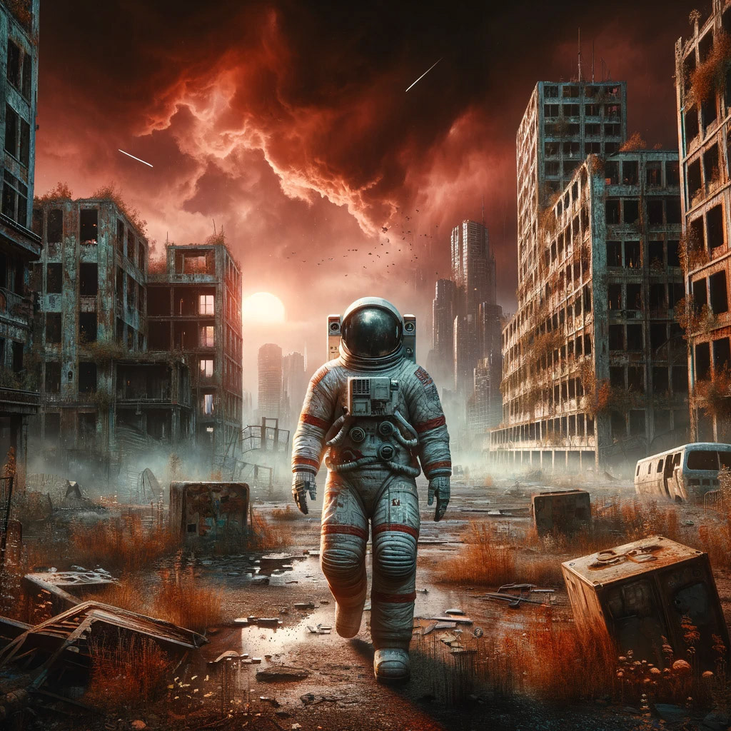 "Cinematic representation of an astronaut wandering through a deserted post-apocalyptic city, surrounded by decayed buildings and a stormy sky, conveying a mood of loneliness."